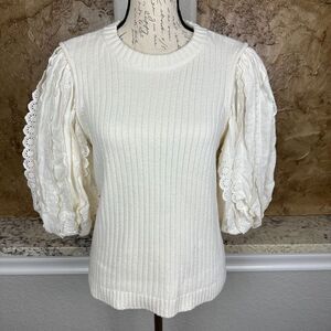 Sea New‎ York Combo Sweater Womens Medium Cream Eyelet Cashmere Blend Cottage